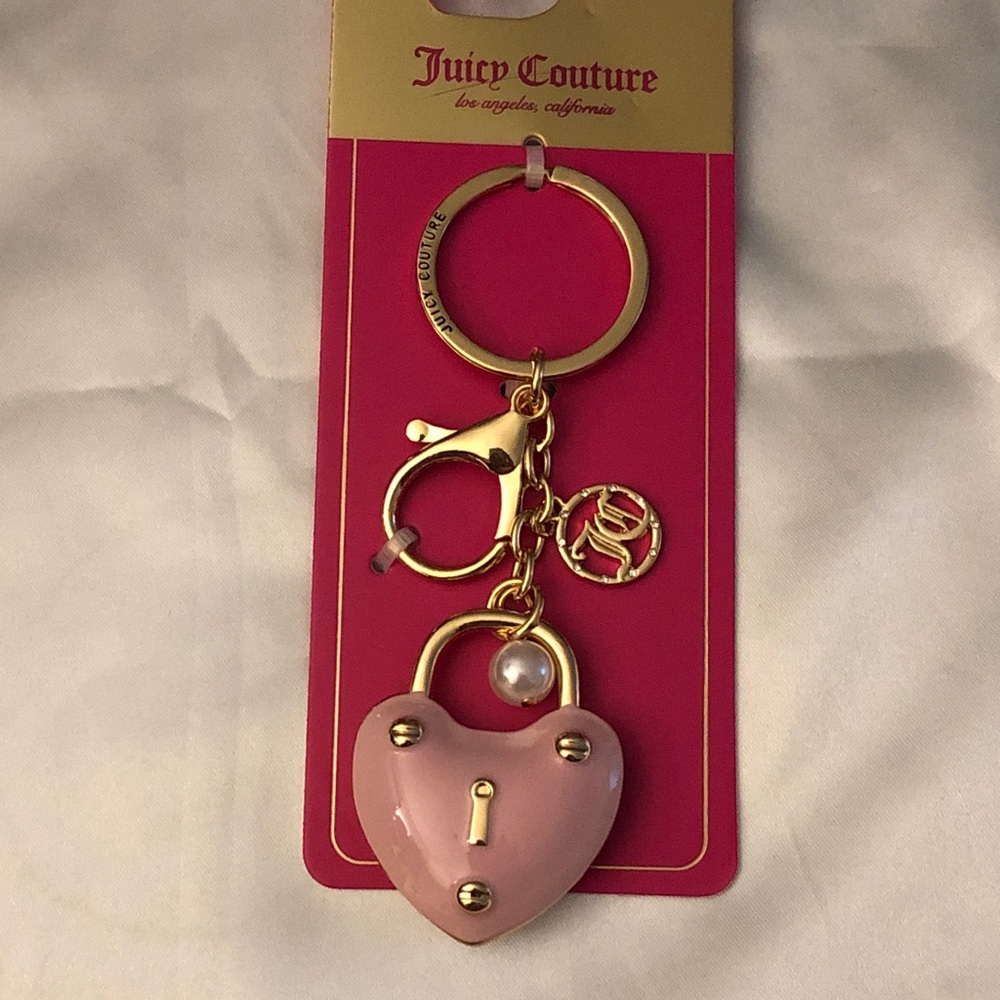Juicy Couture Gold Tone & Pink Enamel Padlock Heart Keychain Bag Charm NWT